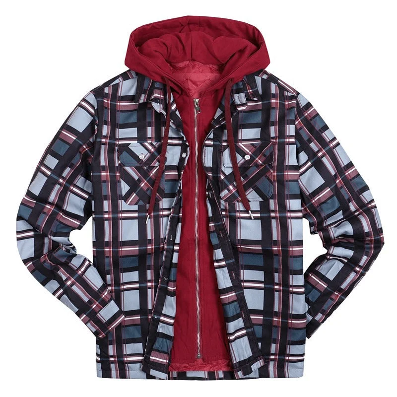 Plaid Winter Hoodies Jacket Outerwear for Men Fleece Fabric Down Fabric Feather Fabric