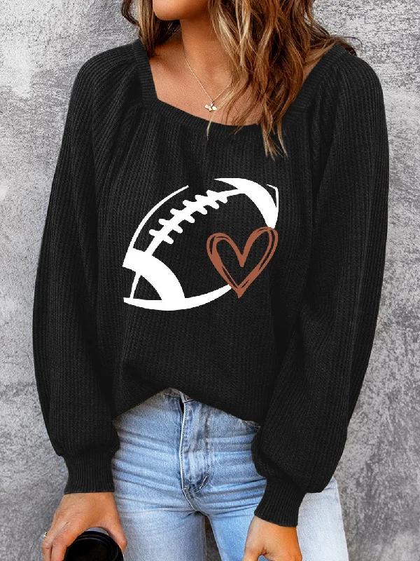 Black Waffle Knit Pullover with Football Heart Print Chunky Knit Pullover