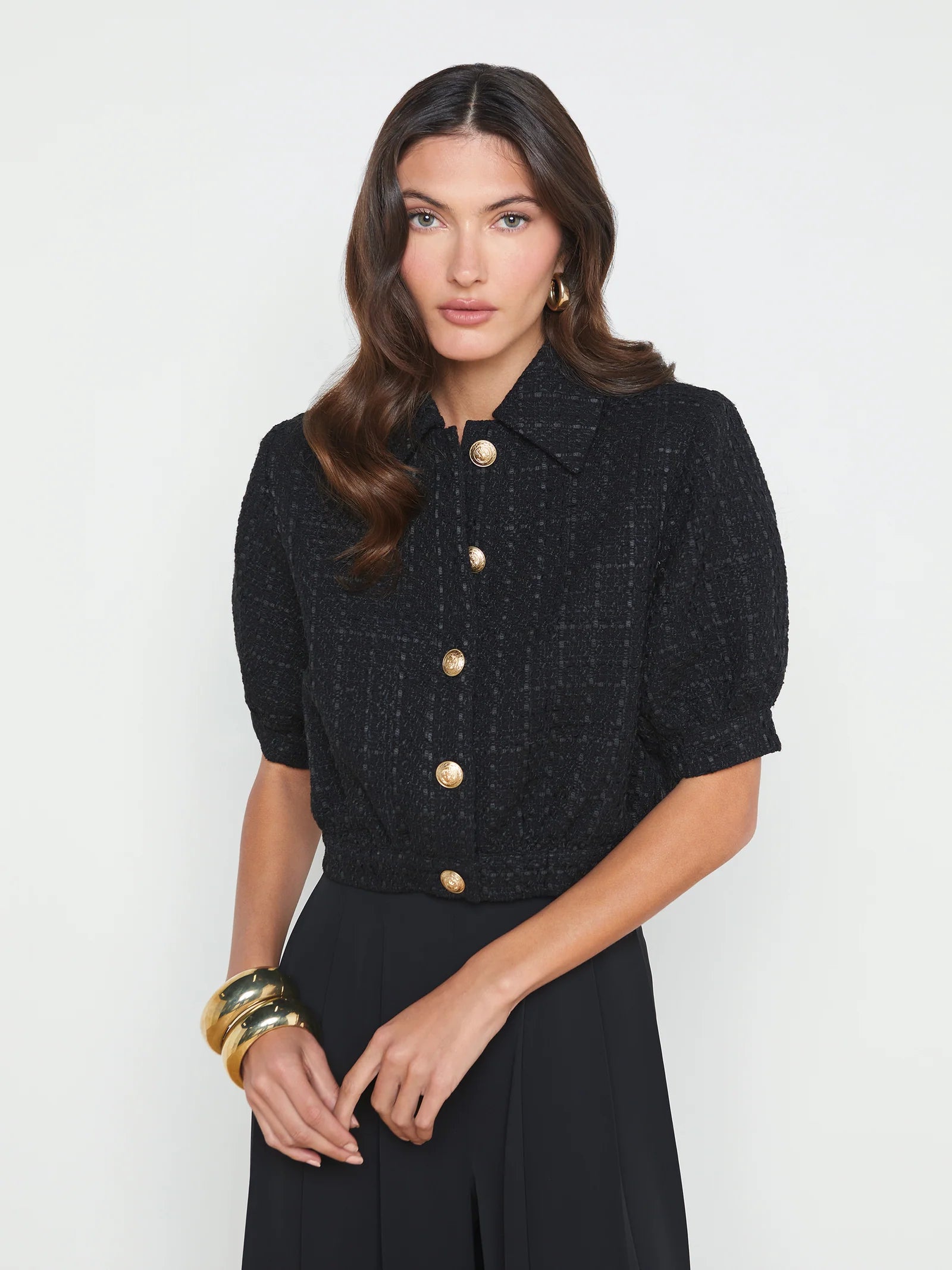 Cove Cropped Tweed Jacket Black - L'AGENCE Satin Fabric Silk Fabric Chiffon Fabric