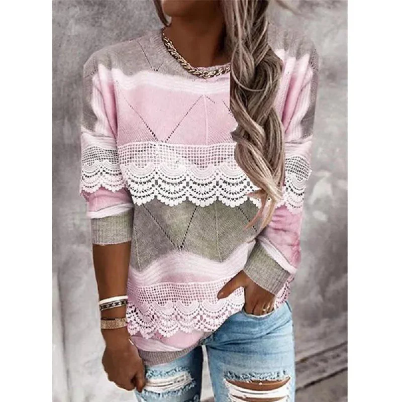 Fashionable Round Neckline Pullover Color Block Casual Top Jewel Neck Pullover