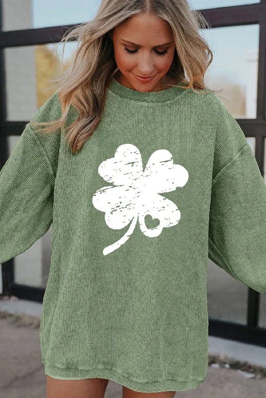 Green Clover Graphic Pullover Soft Wool Sweater