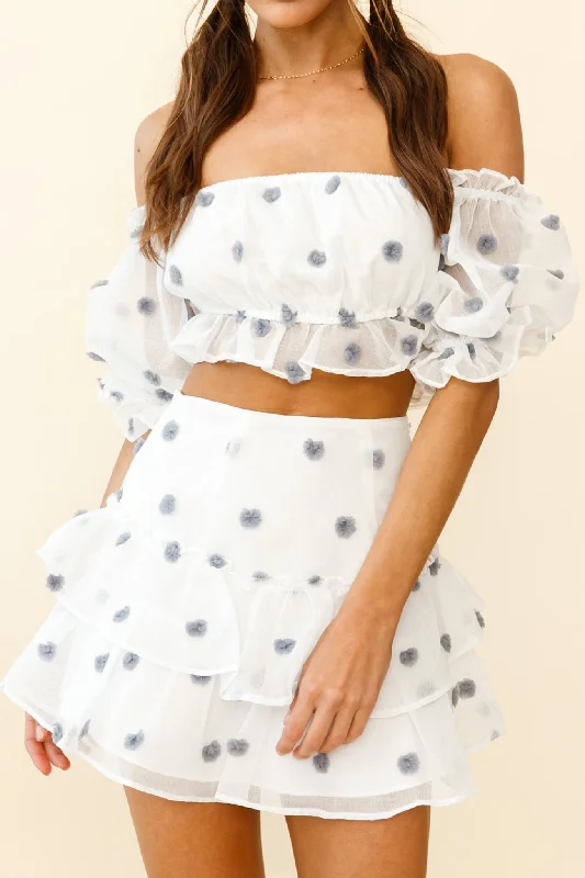 Krista Off-Shoulder Puff Sleeve Pompom Crop Top White/Blue Collared Crop Top Boat Neck A-Line
