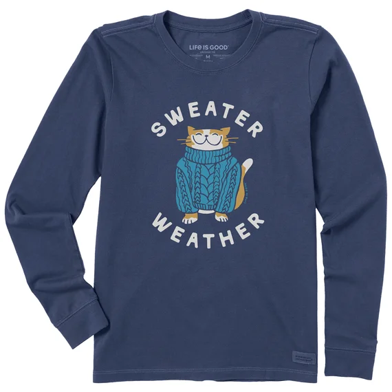 Life is Good. Women's Sweater Weather Cat Long Sleeve Crusher Tee, Darkest Blue Cable Knit Ribbed Knit Lace Knit