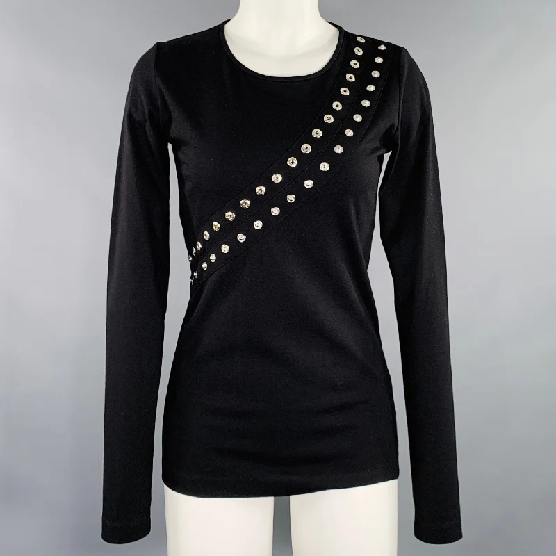 ALTUZARRA Size XS Black Viscose Blend Snaps Studded Crew Neck Pullover Tight Sleeve Top