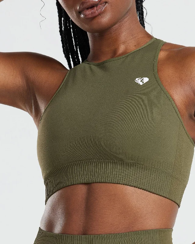 Power Seamless High Neck Bra | Khaki