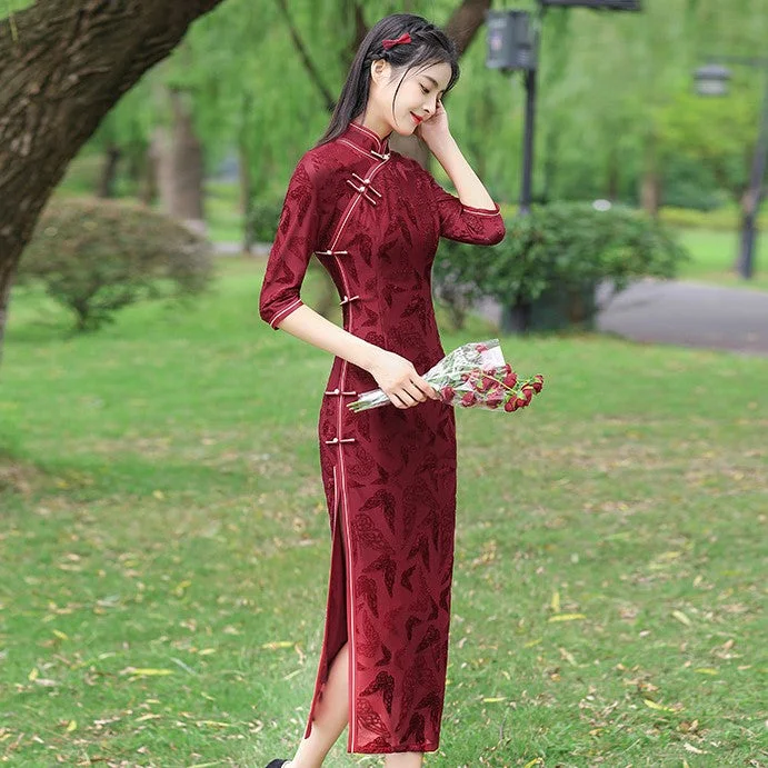 3/4 Sleeve Tea Length Floral Flocking Traditional Cheongsam Chinese Dress