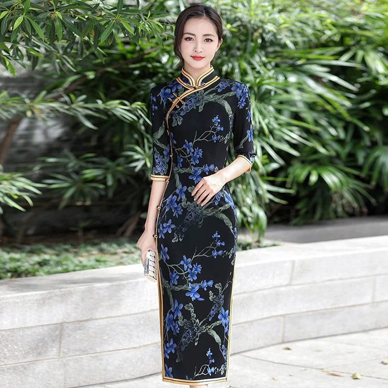 3/4 Sleeve Tea Length Floral Woolen Traditional Cheongsam Chinese Dress