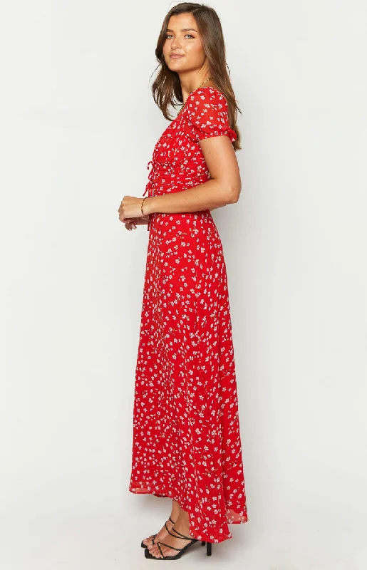 Ayla Red Floral Short Sleeve Maxi Dress