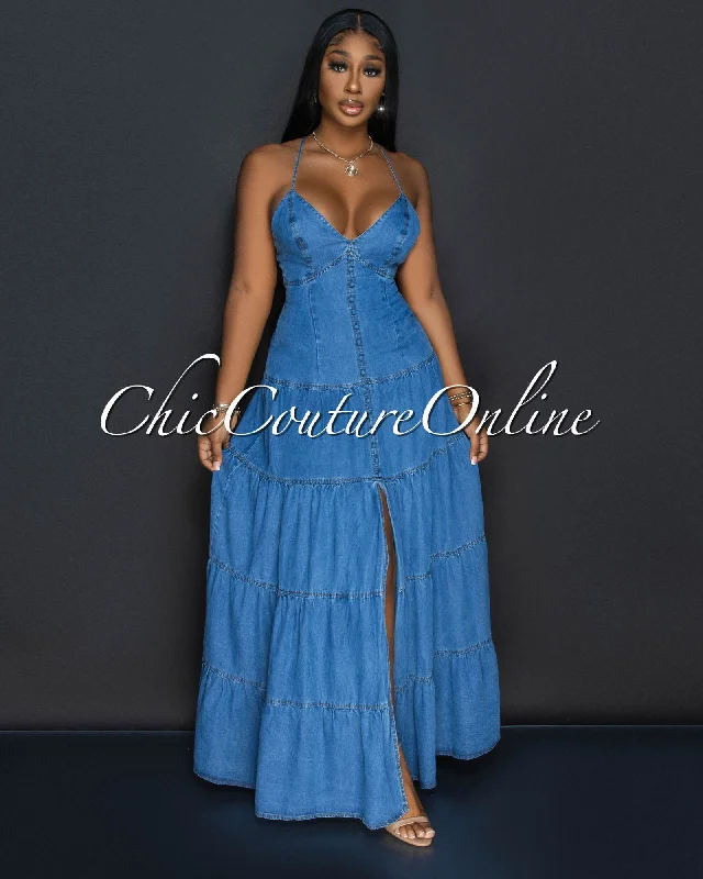 Babasa Dark Denim Ruffle Maxi Dress