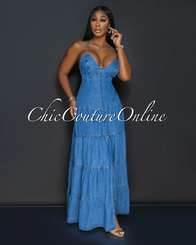 Babasa Dark Denim Ruffle Maxi Dress