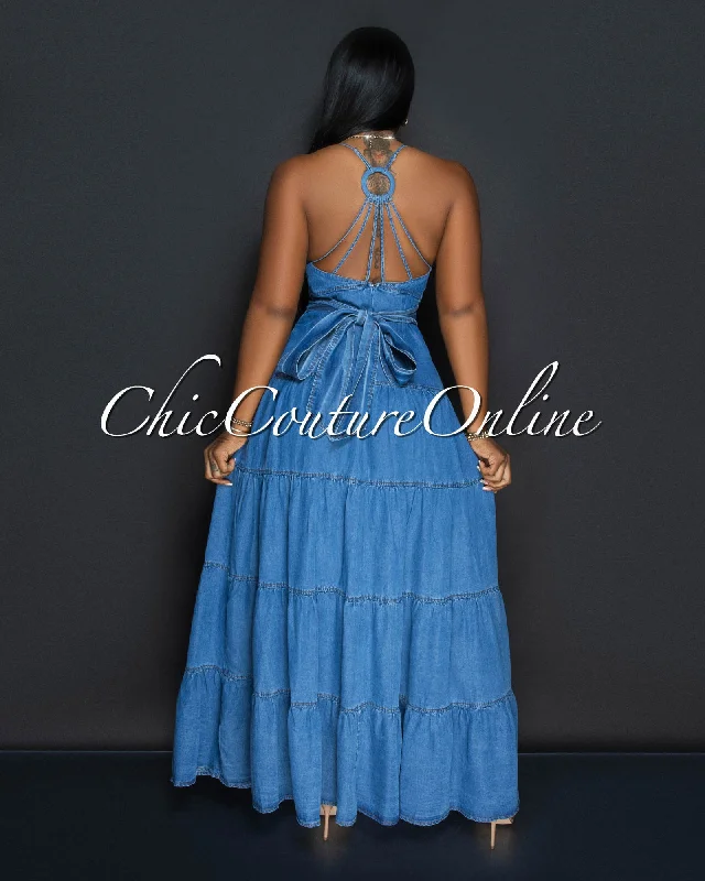 Babasa Dark Denim Ruffle Maxi Dress