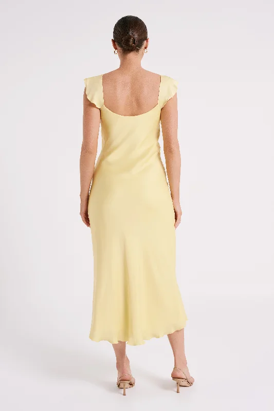 Chantal Short Sleeve Satin Midi Dress - Yellow