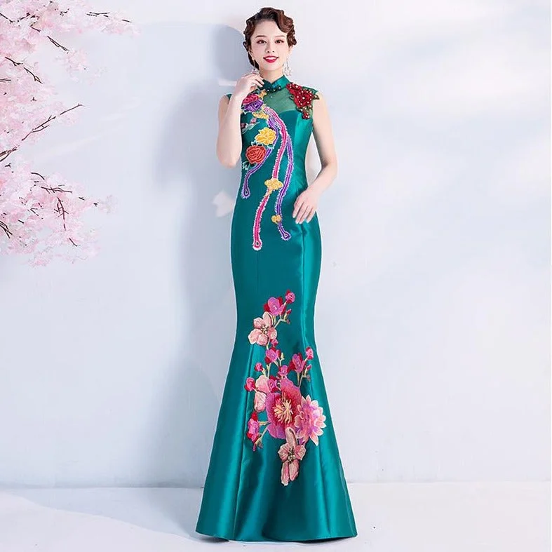 Floral Embroidery Appliques Taffeta Cheongsam Top Mermaid Evening Dress