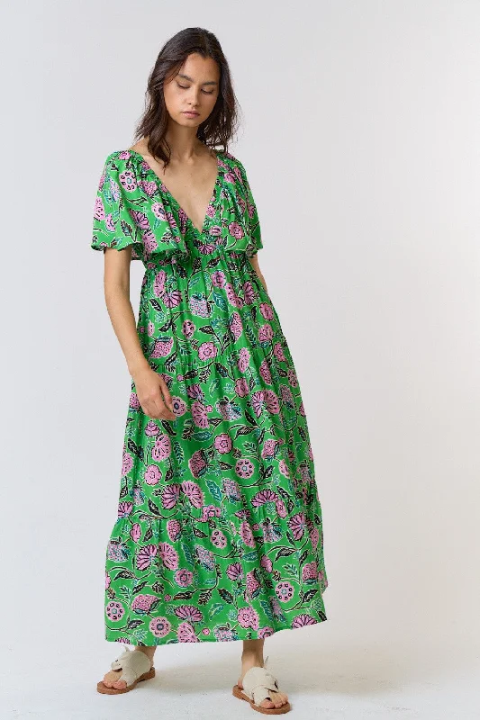 Green with Envy Printed Ruffle Top Maxi Dress FINAL SALE