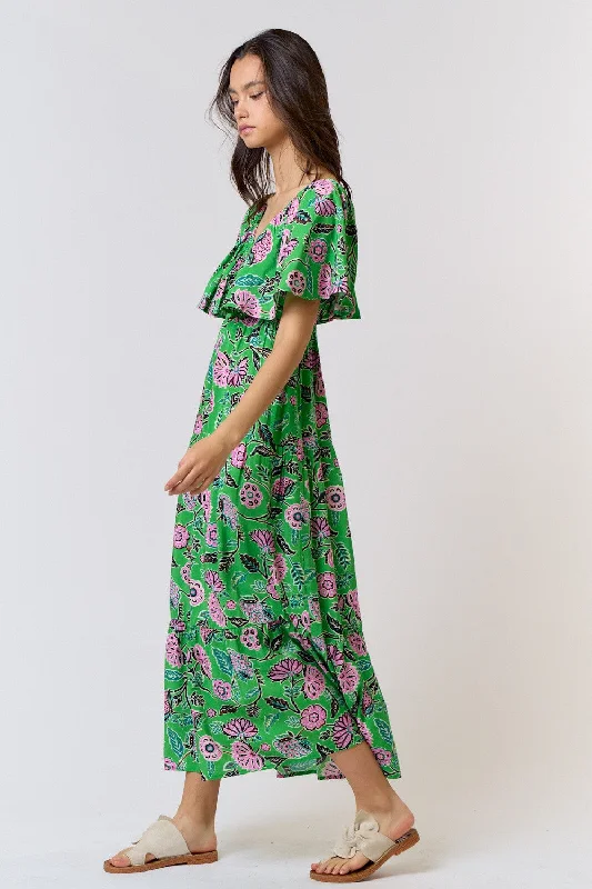 Green with Envy Printed Ruffle Top Maxi Dress FINAL SALE