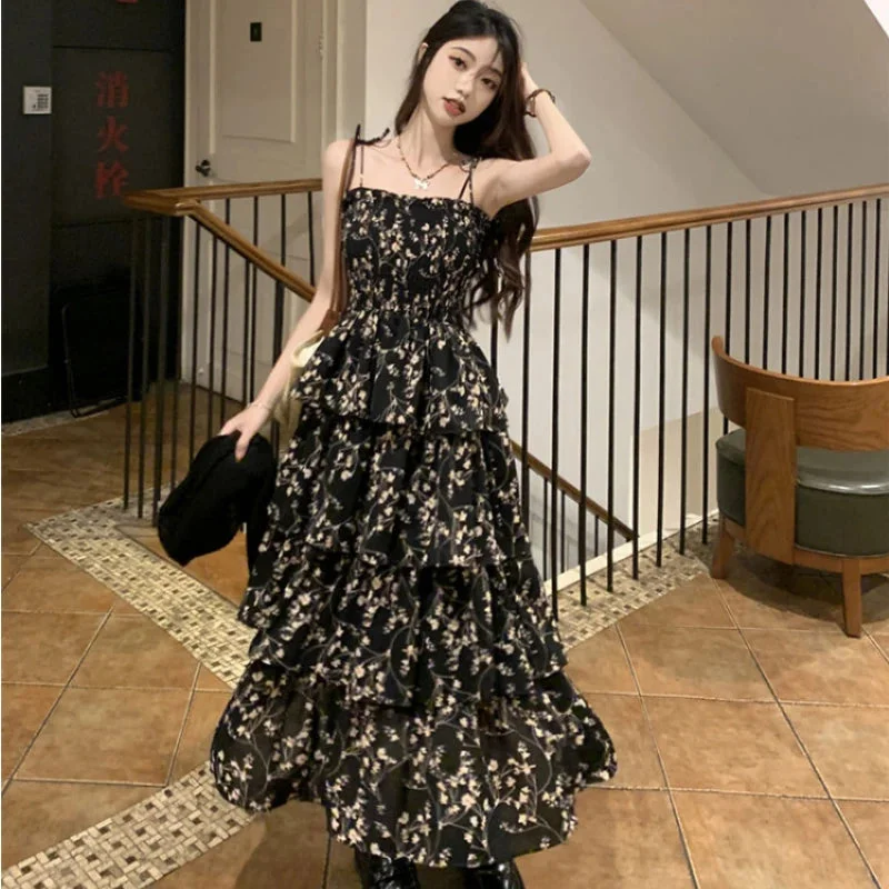 Lunivop Y2k Korean Style One Piece Floral Dress Women Vintage Elegant Layered High Waist Black Long Slip Fairy Dresses Summer