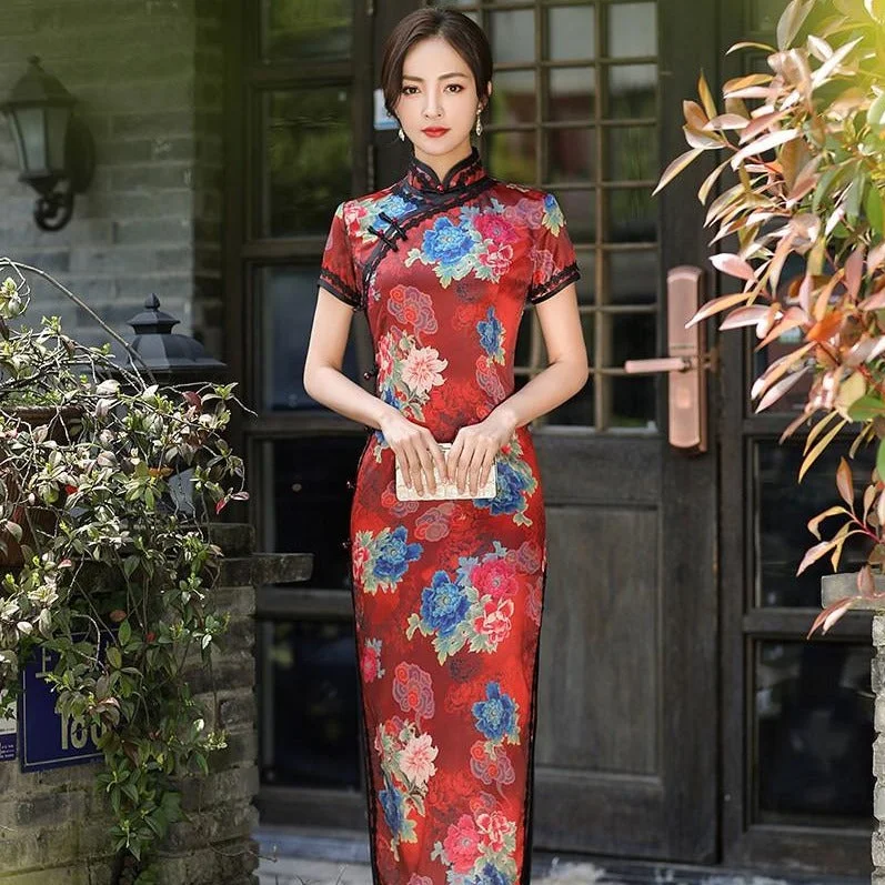 Short Sleeve Floral Silk Full Length Traditional Cheongsam Chinese Dress