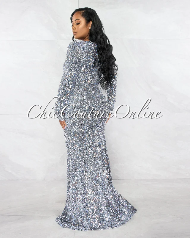 Violette Silver Sequins Queen Anne Long Sleeves Bodysuit Maxi Dress