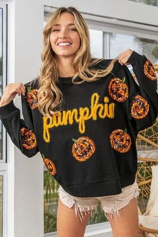 Pumpkin Sequin Sweatshirt - Black