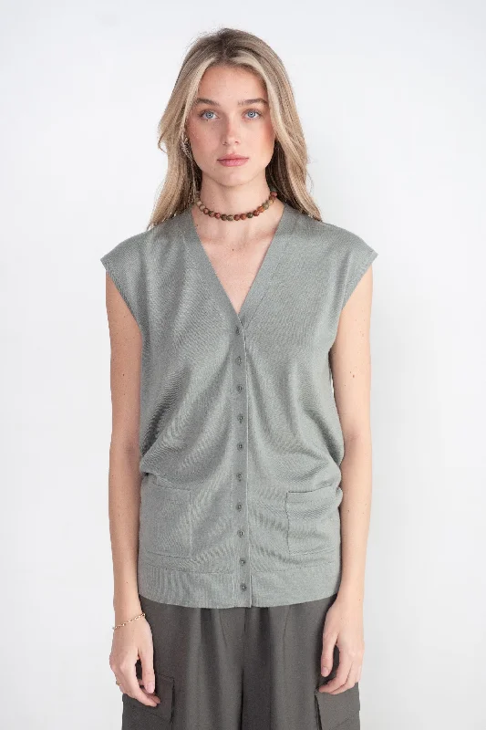 Cashmere Silk Blend Sleeveless Button Down Sweater, Pumice Grey