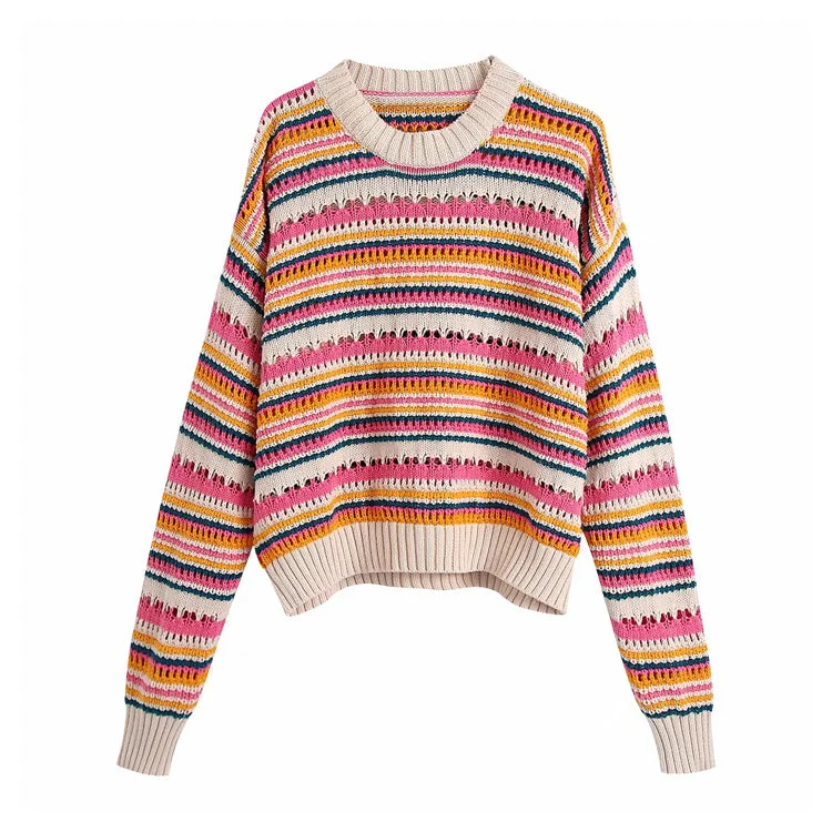 Hollow out color stripe round neck sweater  7255