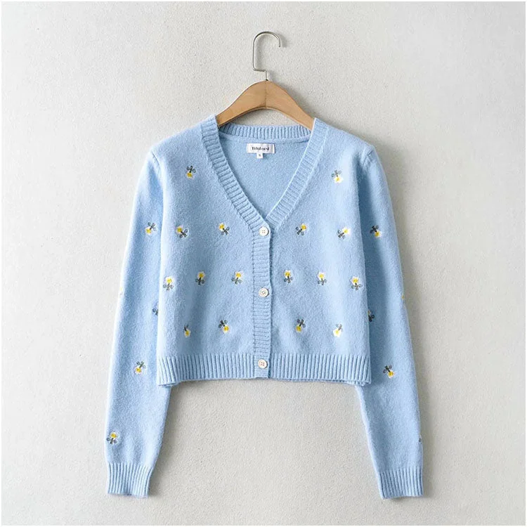 Lazy embroidery button cardigan V-neck versatile top coat sweater  7213