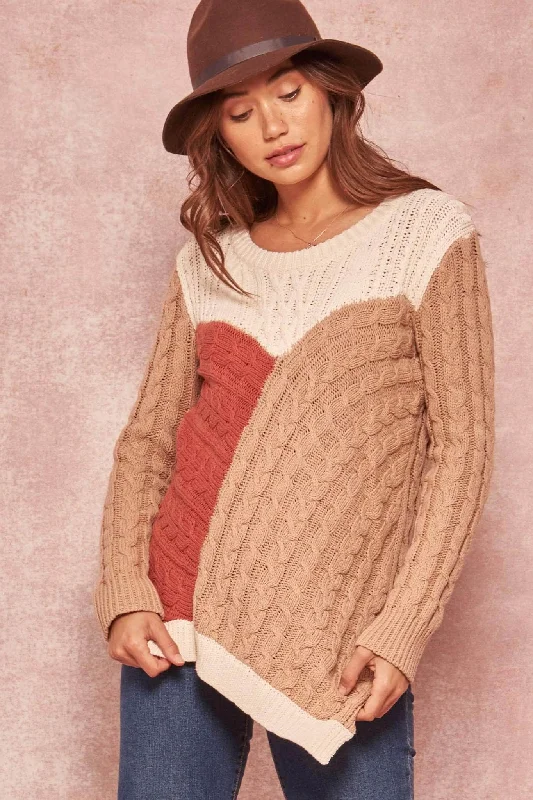 Mixed Signals Patchwork Cable Knit Sweater