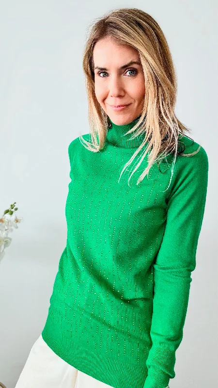 Shimmer Turtleneck CZ Sweater - Green