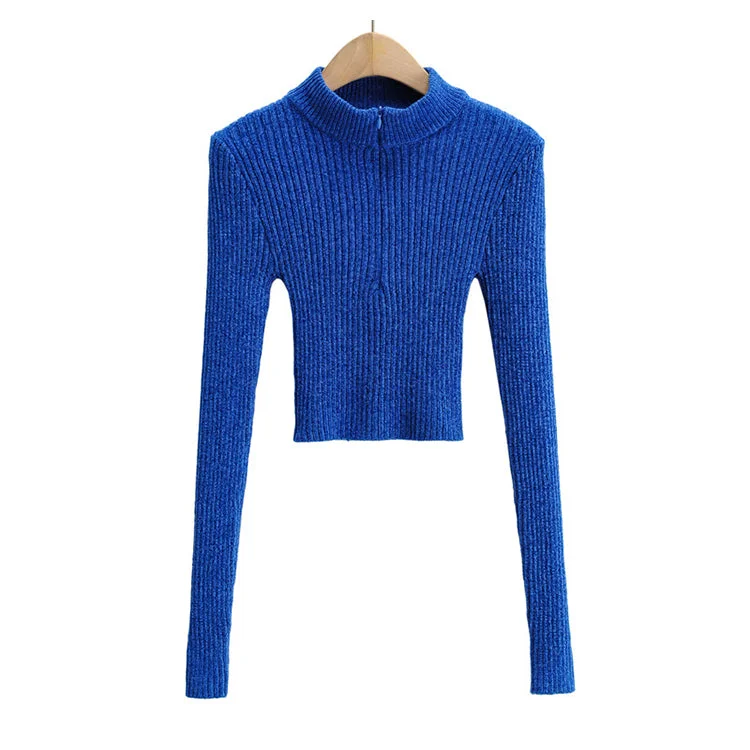 Solid color half high neck zipper design sweater  7175