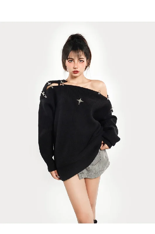 Star Light Ribbed Shoulder Chain Link Solid Color Long Sleeve Sweater