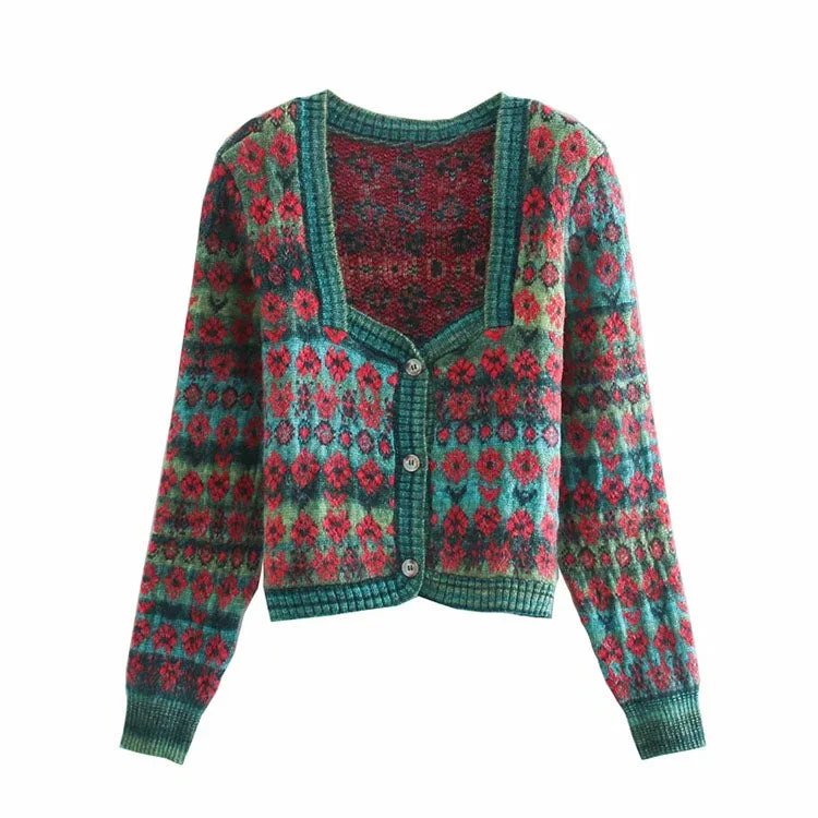 Sweater coat women's cardigan square neck Vintage contrast jacquard long sleeve knitting  7159