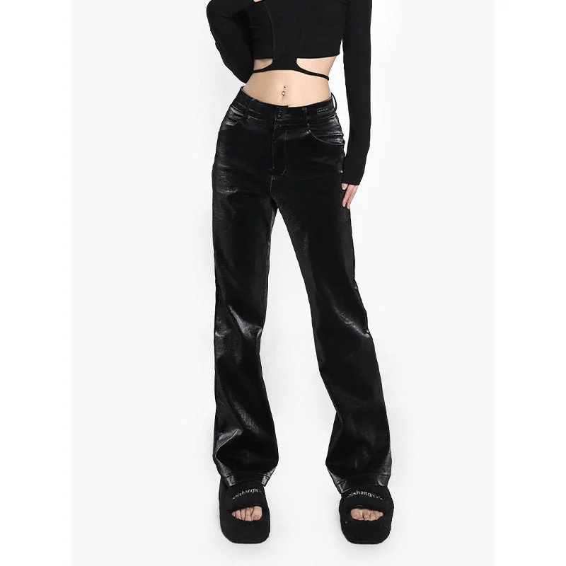 Lara Solid Color Black Silver Reflective Straight Leg Loose Pants