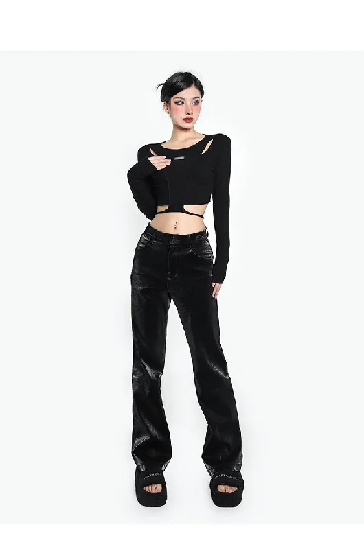 Lara Solid Color Black Silver Reflective Straight Leg Loose Pants