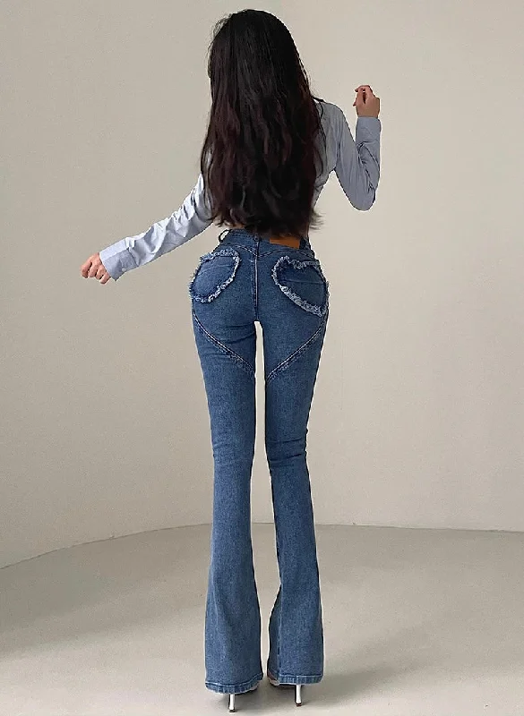 Lory Heart Pocket Long Flare Denim Jeans Pants