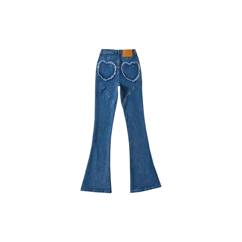 Lory Heart Pocket Long Flare Denim Jeans Pants