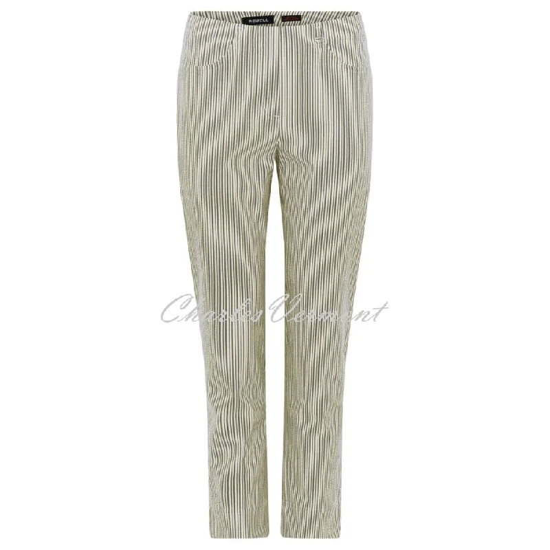 Robell Bella 09 Stripe Seersucker - 7/8 Cropped Trouser 52642-54370-88 (Dark Olive)