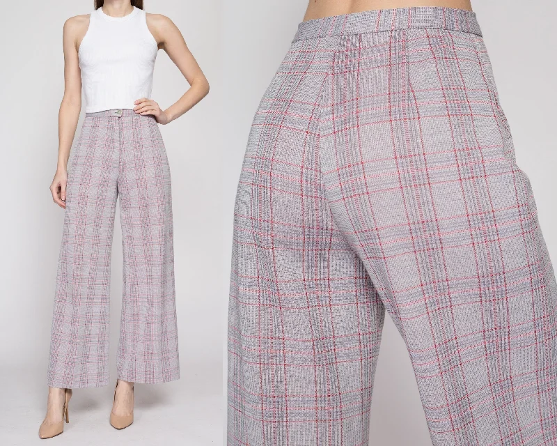 Small 70s Grey & Red Plaid High Waisted Pants 26""