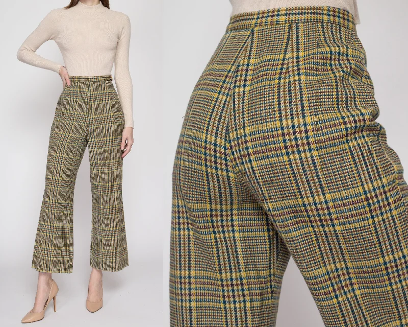 Small 70s Yellow & Blue Plaid High Waisted Pants 26""