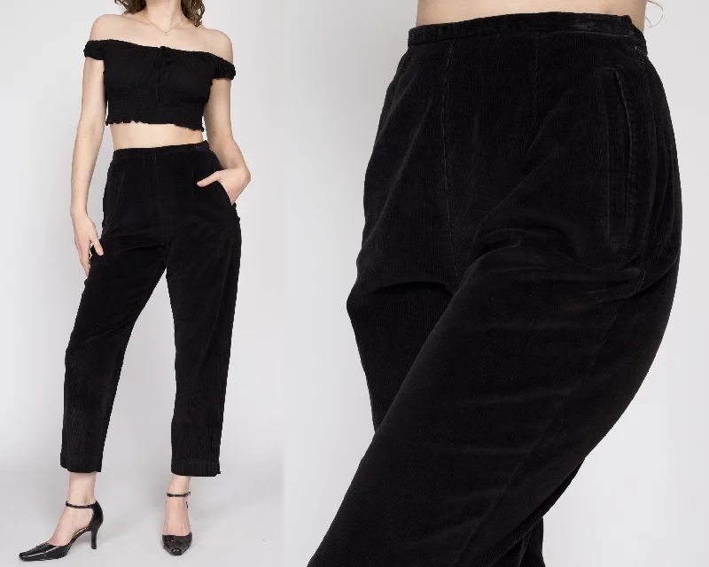 Small 80s Black Corduroy High Waisted Side Zip Pants 26""