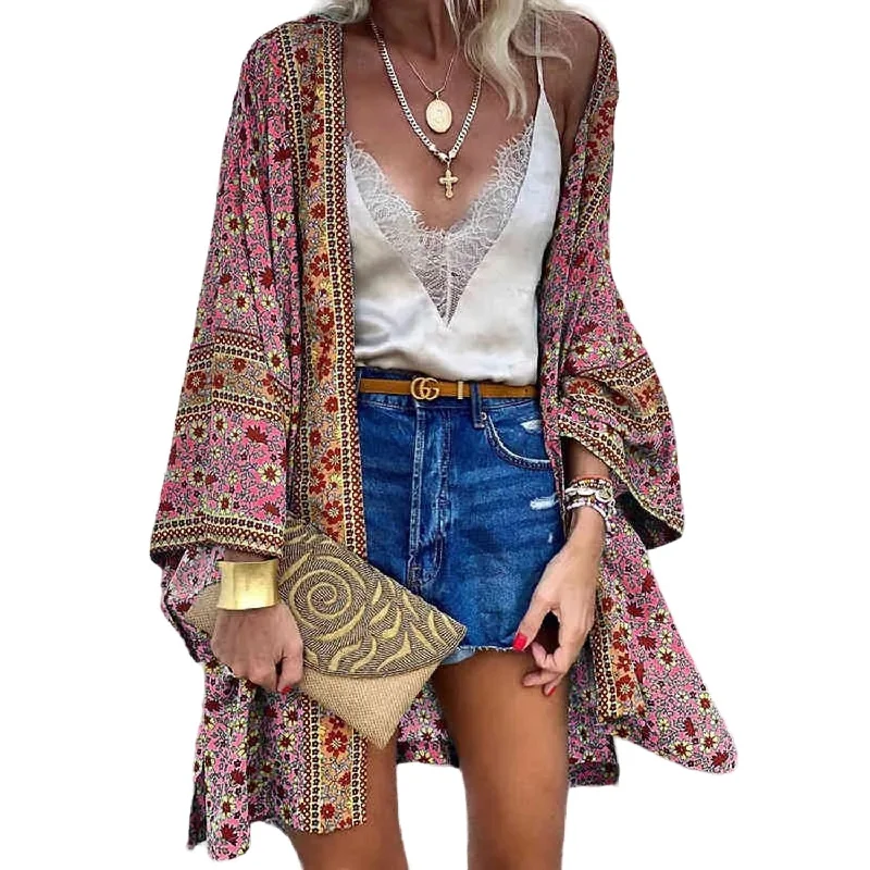 Bohemian Babe Print Kimono In Pink