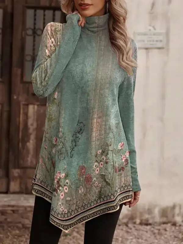 High collar bohemian print casual long sleeve T-shirt