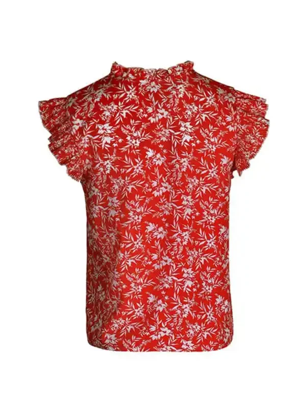 Women’s New Red Printed Ruffled Short Sleeve Shirt