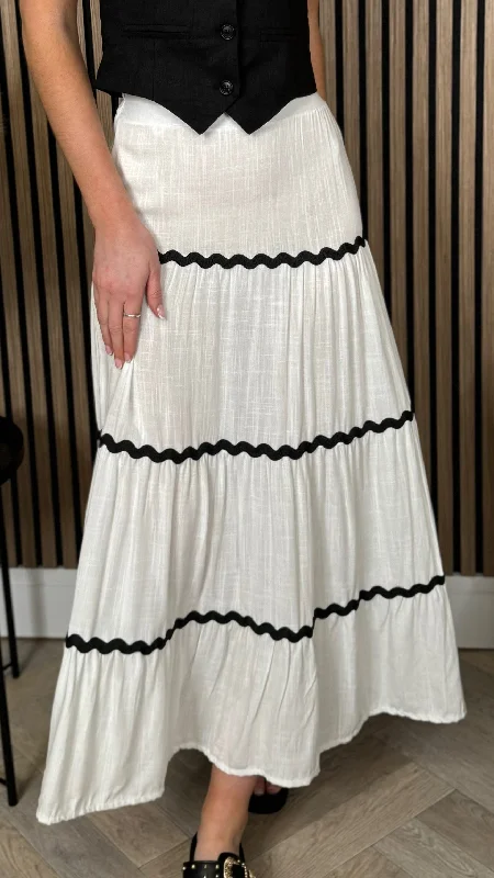 Evelyn White & Black Trimmed Midi Skirt