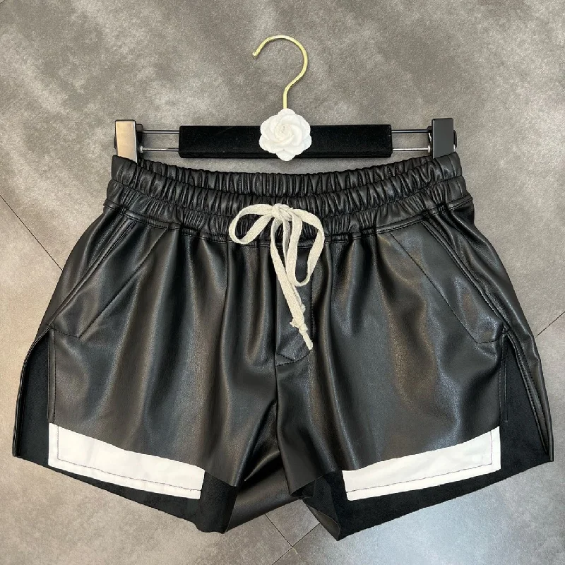 OUDINA Wholesale High Quality Stylish Elastic Waist Drawstring Casual PU Leather Short Women Shorts