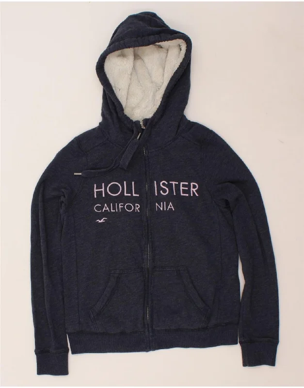 HOLLISTER Mens Graphic Sherpa Zip Hoodie Sweater Small Grey Cotton