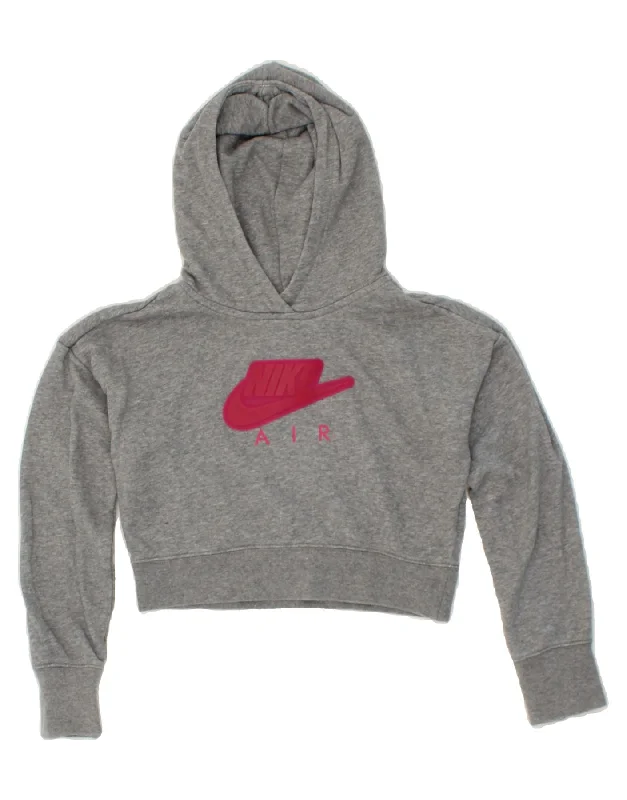 NIKE Girls Graphic Crop Hoodie Jumper 10-11 Years Medium Grey Cotton