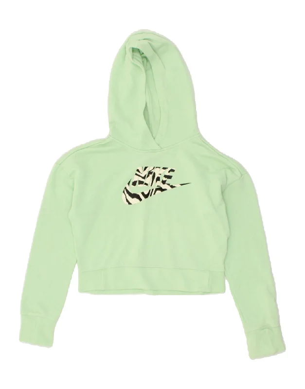 NIKE Girls Graphic Crop Hoodie Jumper 12-13 Years  Large  Green Cotton